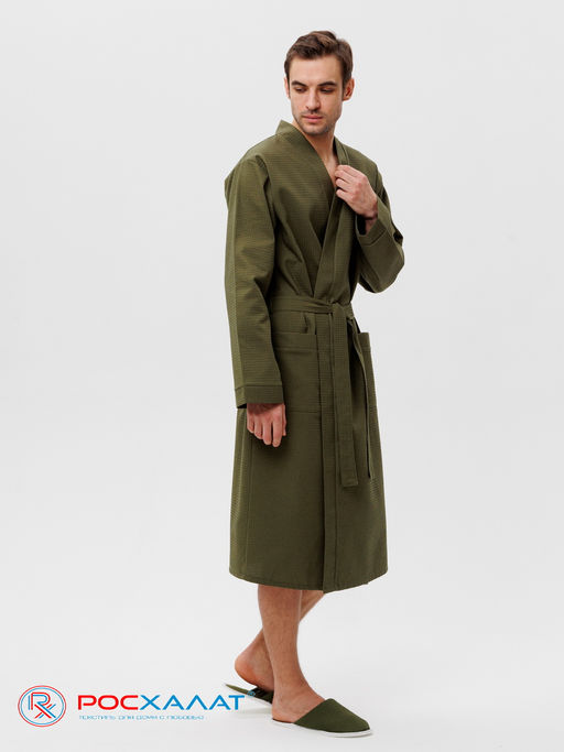 Мужской вафельный халат с планкой хаки В-03 (26)