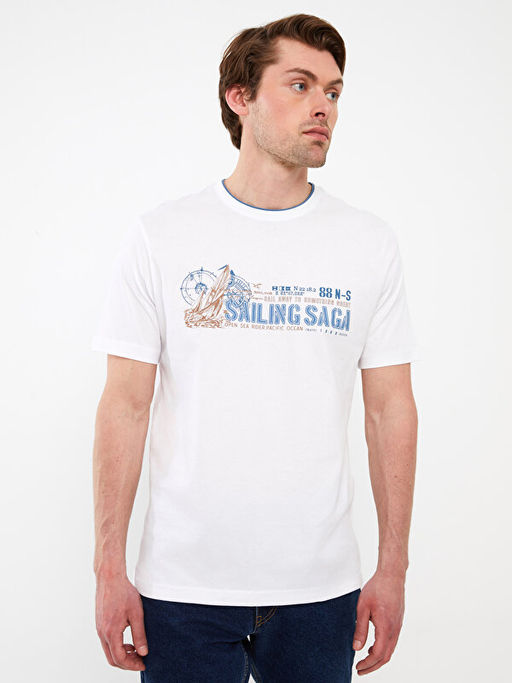 Bisiklet Yaka K?sa Kollu Bask?l? Penye Erkek Ti??rt - Waikiki фото 2