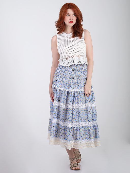 Юбка с мелким цветочным принтом летняя с кружевом - Almond фото 5