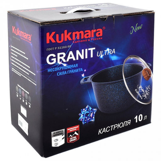 Кастрюля с антипригарным покрытием 10л, д32см "Granit Ultra", h19см, стеклянная жаропрочная крышка, ручка из термостойкого пластика, голубой гранит (Россия) - можно использовать металлические кухонные принадлежности