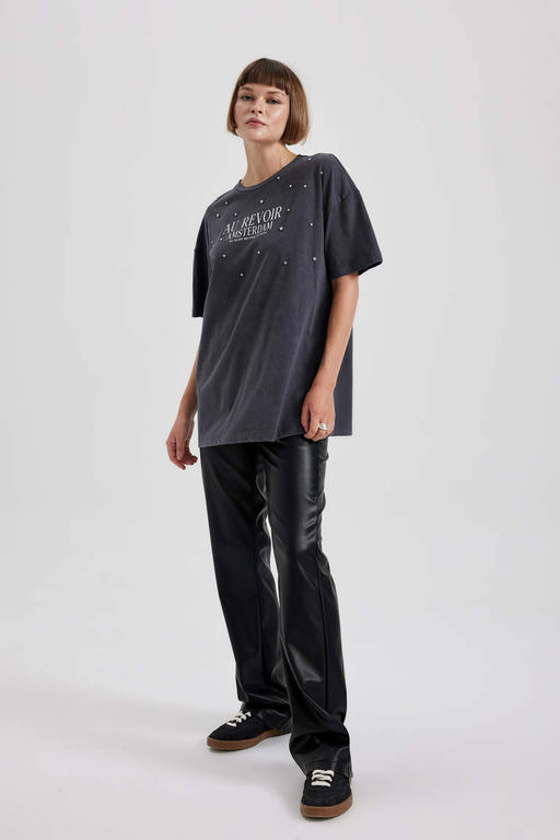 Футболка оверсайз с круглым вырезом и принтом из чесаного хлопка с короткими рукавами - Defacto фото 2