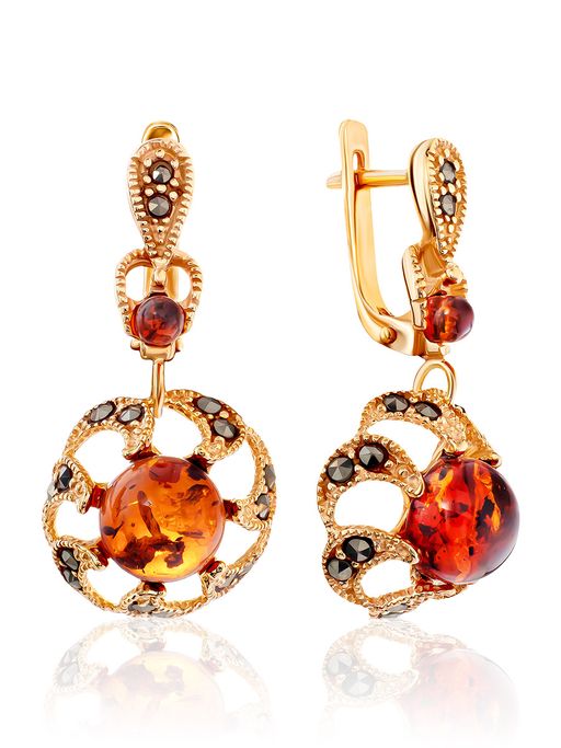 Яркие нарядные серьги с янтарем и марказитами Эйфория
