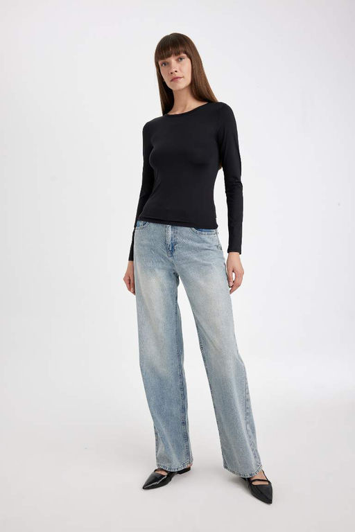 Женская черная облегающая базовая футболка с круглым вырезом и узким вырезом с длинными рукавами - Defacto фото 2