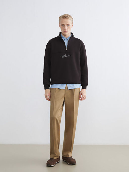 Dik Yaka Bask?l? Erkek Kal?n Sweatshirt