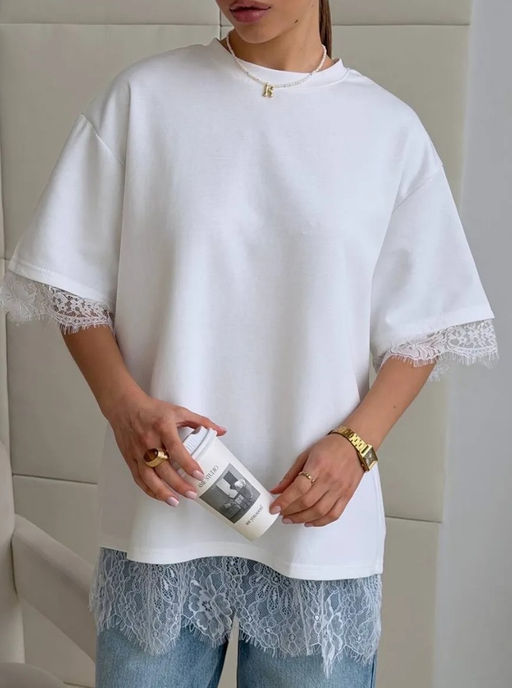 K13425 Футболка с кружевом OVER SIZE (хлопок) БЕЛЫЙ