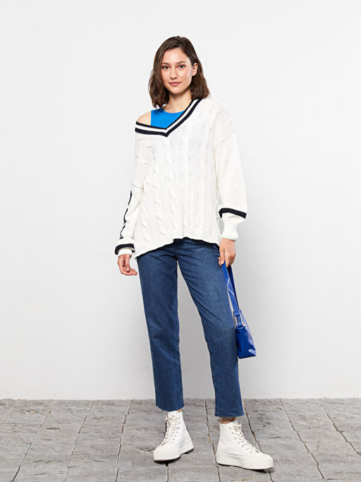 V Yaka Kendinden Desenli Uzun Kollu Kad?n Triko Kazak