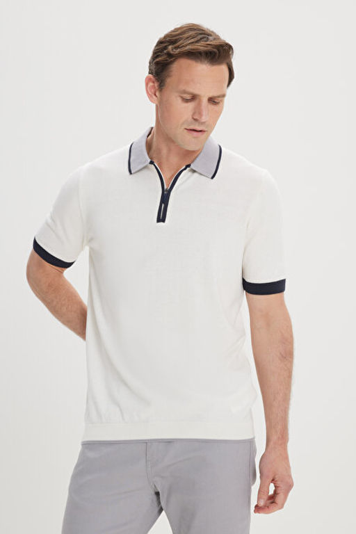 Standart Fit Normal Kesim %100 Pamuk Fermuarl_ Polo Yaka Ekru Triko Ti__rt 4A4924200001EKR