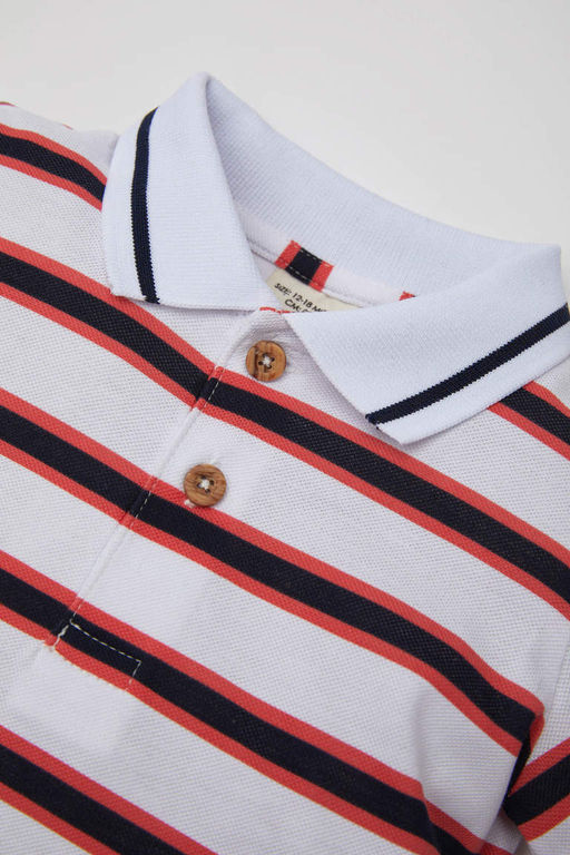 Полосатая футболка-поло из пике с короткими рукавами для маленьких мальчиков - Defacto фото 2