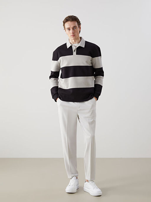 Polo Yaka Uzun Kollu ?izgili Erkek Sweatshirt