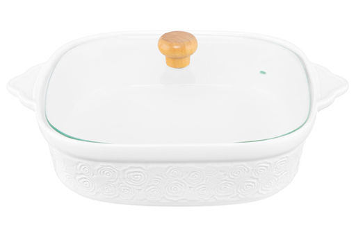 Блюдо д/зап и серв 31,5*25,6*12,5 см 2 л "Розы" + стекл крышка на дер подставке