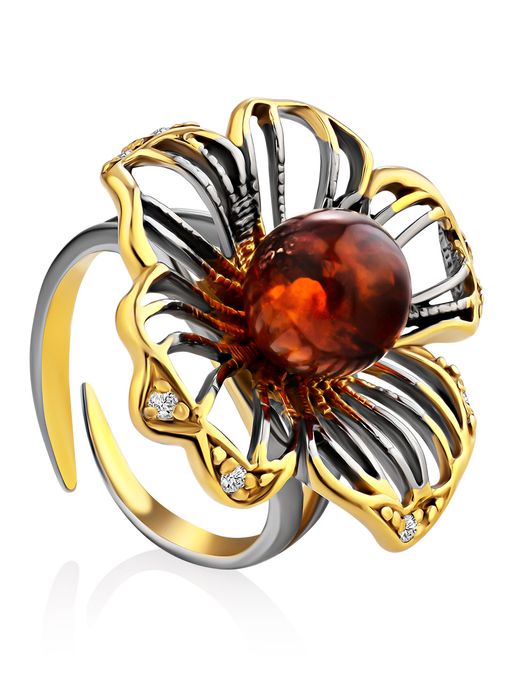 Роскошное кольцо, украшенное янтарём и кристаллами Ромашка