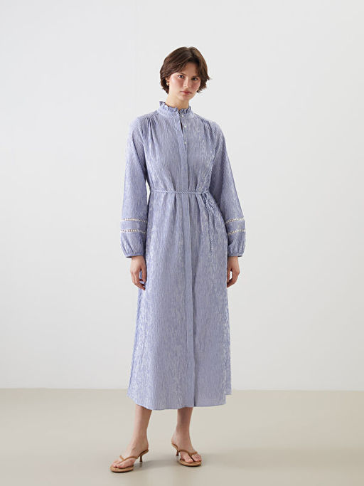 Hakim Yaka ?izgili Kad?n G?mlek Elbise