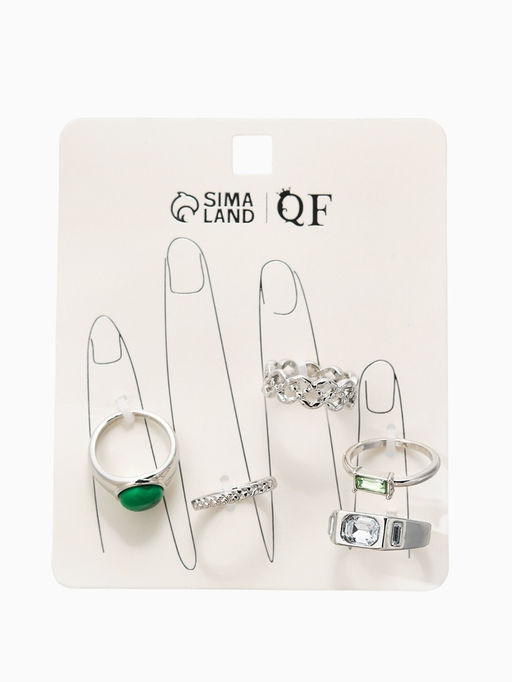 Набор колец 5 шт "Новый стиль" малахит, размер МИКС, цвет изумрудный в серебре