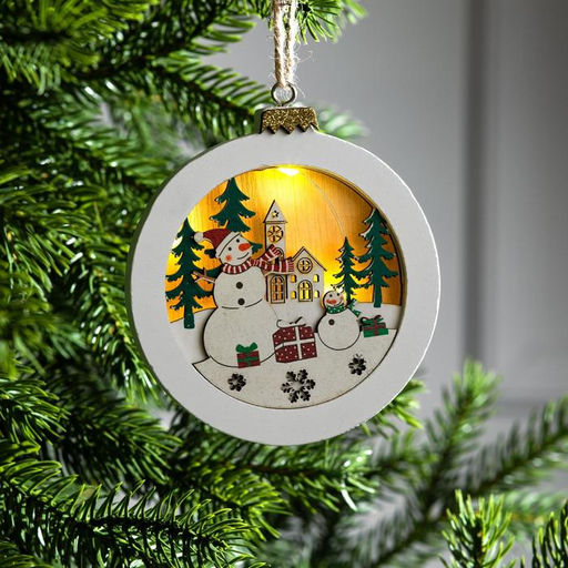 Ёлочная игрушка Шар со снеговиками, 10.5х10.5х1.5 см, от батареек, свечение тёплое белое