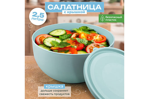 Салатница с крышкой 2,5 л 21*21*10,8 см серо-голубой (модель 281)
