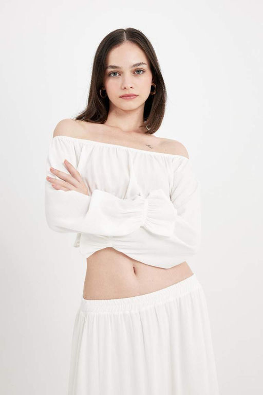 Блузка обычного кроя с открытыми плечами и жатой тканью с длинными рукавами - Defacto фото 7