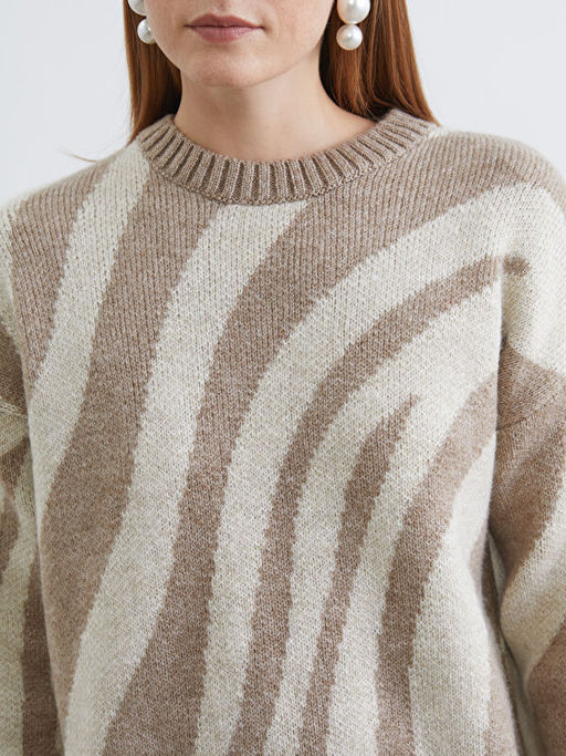 Bisiklet Yaka Zebra Desenli Kad?n Triko Tunik