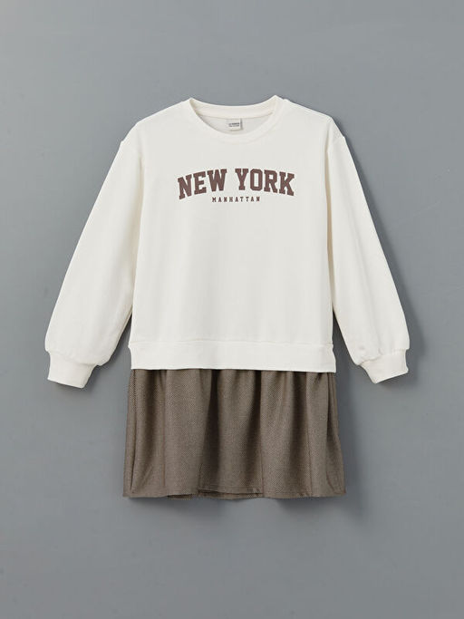 Bisiklet Yaka New York Bask?l? K?z ?ocuk Elbise