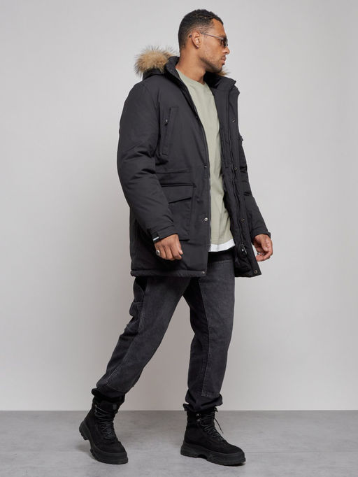 Парка мужская зимняя удлиненная с мехом черного цвета 8318Ch - Wonderrman фото 4