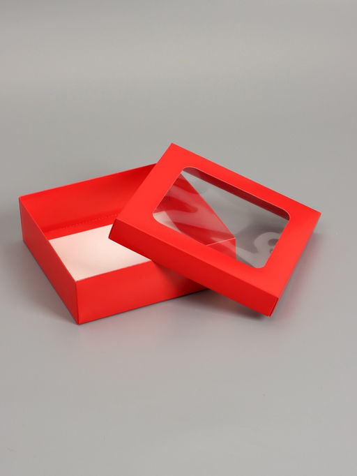 Цена за 5 шт. Коробка складная, крышка-дно, красная, с окном 20×20×6 см