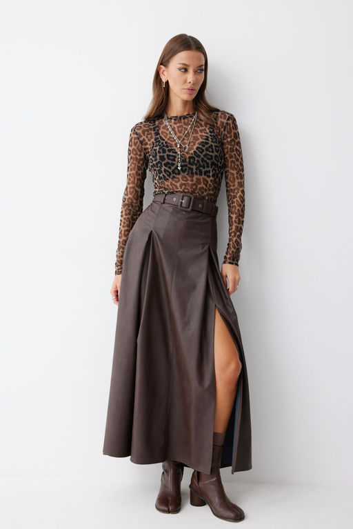 Юбка Lyushe 4187 из экокожи коричневая макси  фото 5