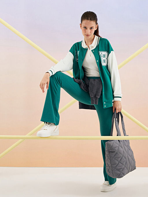 Bisiklet Yaka Nak??l? Uzun Kollu Kad?n Bomber Spor H?rka