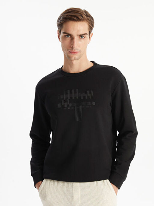 Bisiklet Yaka Uzun Kollu Bask?l? Erkek Sweatshirt
