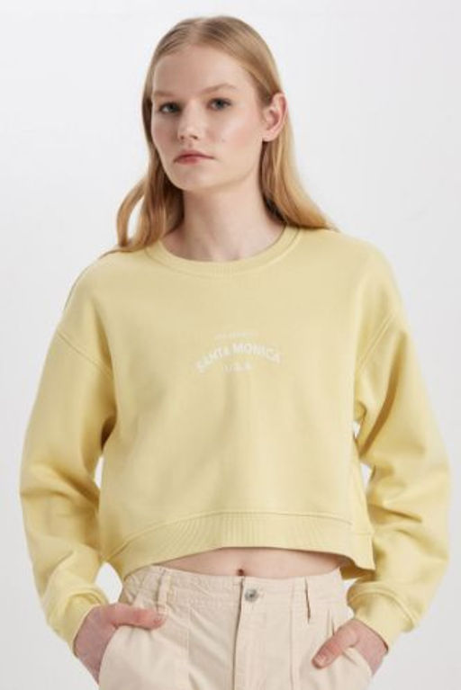 Boxy Fit Bisiklet Yaka Bask?l? Kal?n Sweatshirt