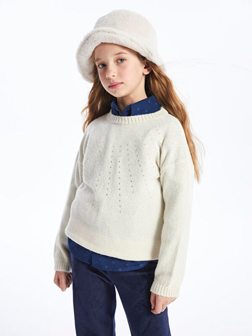 Bisiklet Yaka Ta? Bask?l? Uzun Kollu K?z ?ocuk Triko Kazak