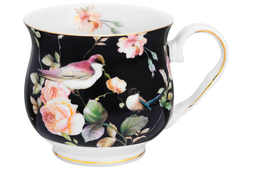 Кружка 480 мл 14*10*9,5 см Певчие птички на черном бочонок, NEW BONE CHINA