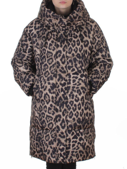 8892 BROWN/LEOPARD Куртка зимняя женская оверсайз с вшитой жилеткой (200 гр. холлофайбер)