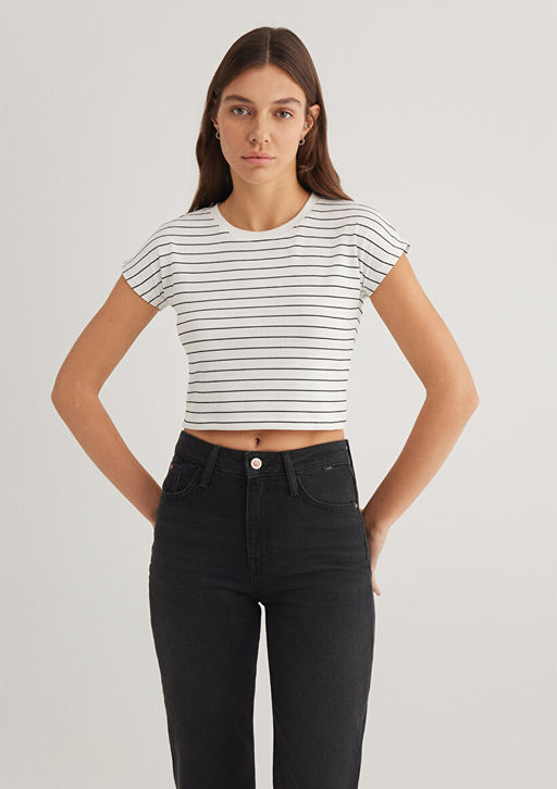 Beyaz Cizgili Basic Tisort - Mavi фото 2