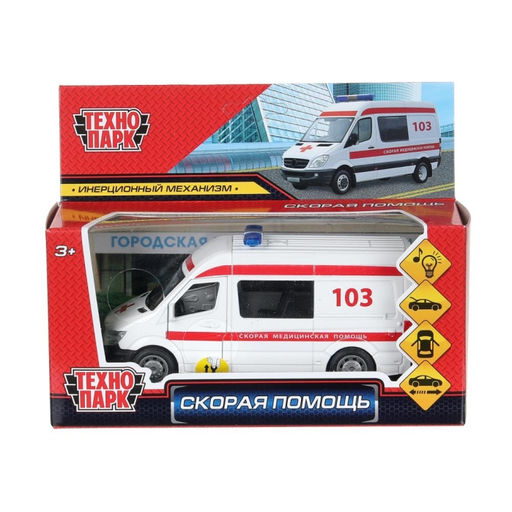 Машина металл свет-звук "Скорая помощь" 14,5см, двери, багаж, инерц, бел, кор.