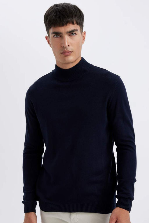 Lacivert Slim Fit Dar Kesim Yar?m Bal?kc? Yaka Basic Duz Triko Kazak - Defacto фото 2