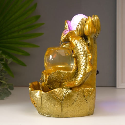 Фонтан настольный с подсветкой «Золотой карп и лотосы», от сети, золото, 26×18×17 см