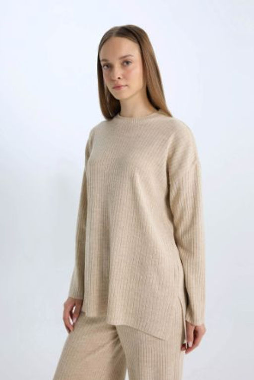 Relax Fit Bisiklet Yaka Basic Duz Triko Tunik Kazak