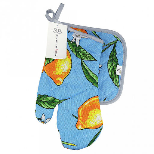 Кухонный комплект "Лимон, вид 4": прихватка-варежка 15х30см + прихватка 20х20см, рогожка 171г/м2, хлопок 100%, наполнитель - ватин 280г/м2, на пластмассовом подвесе, "Домашняя мода" (Россия)