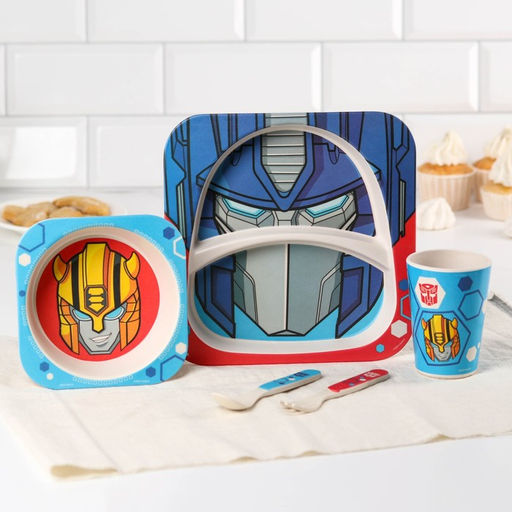 Набор детской бамбуковой посуды, 5 предметов: тарелка, вилка, ложка,стакан,миска , Трансформеры - Hasbro фото 2
