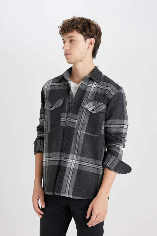 Мужская черная фланелевая рубашка с длинным рукавом стандартного кроя с воротником-поло в клетку и классическим кроем - Defacto фото 4