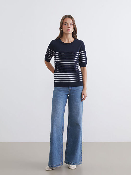 Bisiklet Yaka ?izgili Kad?n Triko Kazak