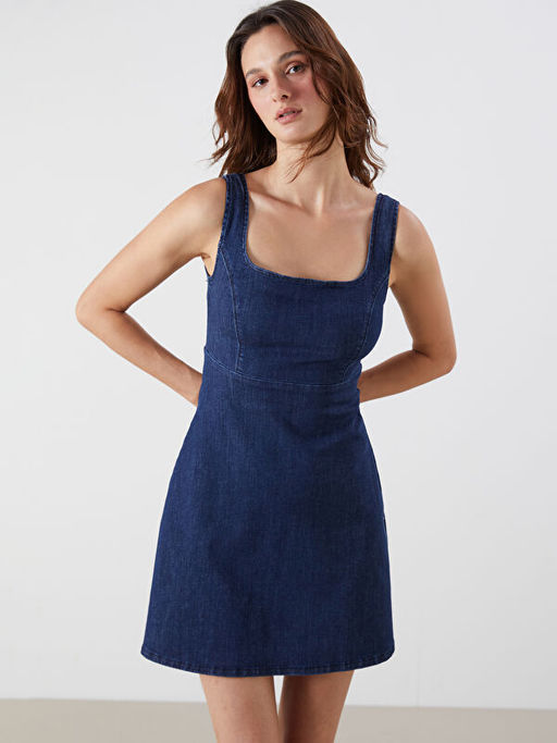 Kare Yaka Mini Jean Elbise