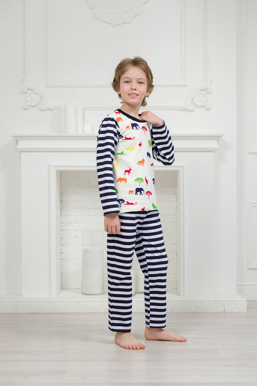 Пижама детская из джемпера и брюк без манжет из интерлока Сафари темно-синий полоса - Амадэль фото 5