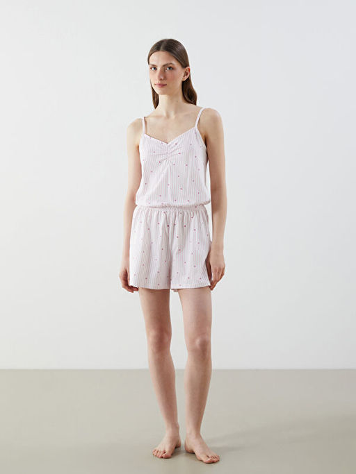 V Yaka Desenli Ask?l? Kad?n ?ortlu Tulum Pijama