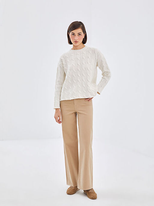 Bisiklet Yaka Kendinden Desenli Oversize Kad?n Triko Kazak