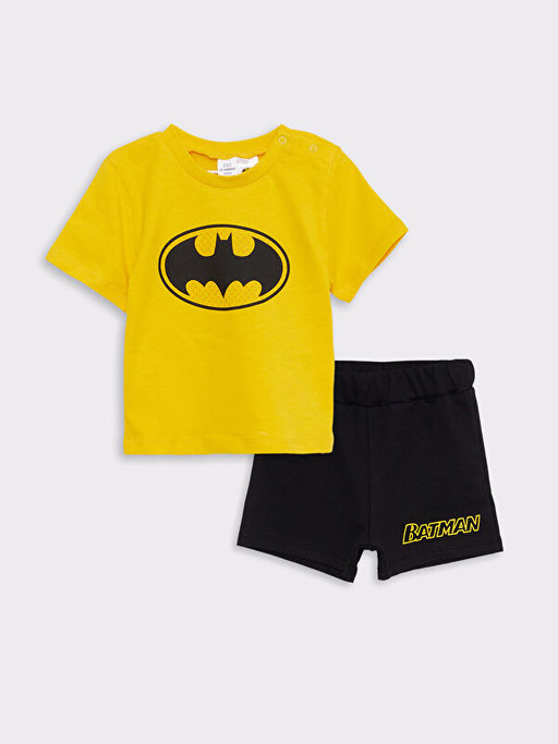 Bisiklet Yaka K?sa Kollu Batman Bask?l? Pamuklu Erkek Bebek Ti??rt ve ?ort 2li Tak?m