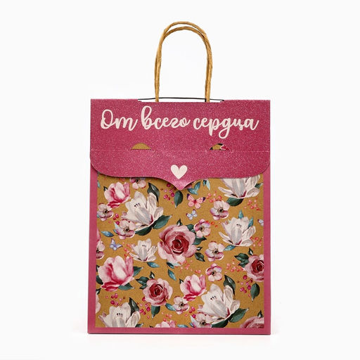 Пакет с клапаном Цветы, крафт, глиттер, 19.5?10?25 см