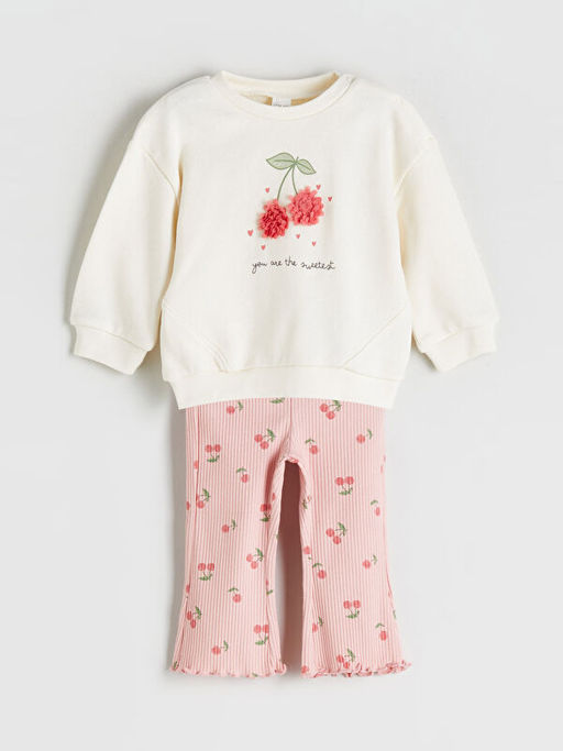 Kiraz Detayl? Yumu?ak Dokulu K?z Bebek Sweatshirt ve Tayt