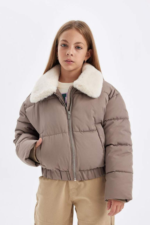 Пуховое пальто с воротником из искусственного меха для девочек, ветрозащитное пальто на молнии - Defacto фото 6