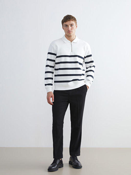 Polo Yaka Uzun Kollu ?izgili Erkek Sweatshirt