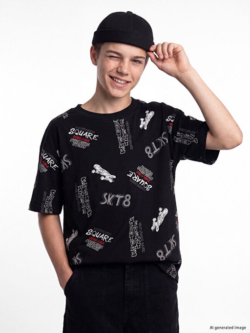 Bisiklet Yaka Bask?l? Erkek ?ocuk Ti??rt